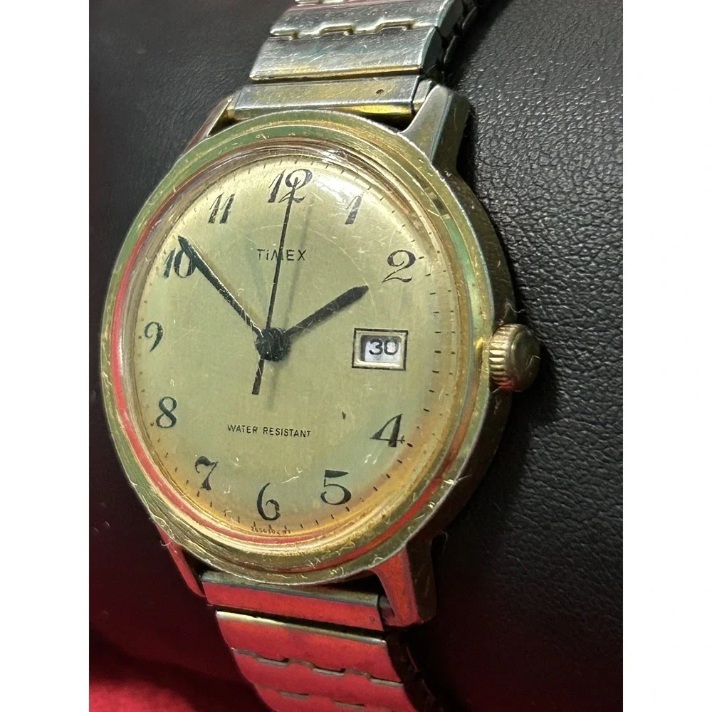 Vintage Men's 1970's Timex 35mm - Gold Tone Manual Date Time Wind Rare Working